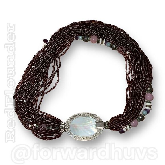 Vintage Choker Length Seed Bead Necklace with Mother Of Pearl Pendant - Picture 7 of 11